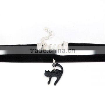 Wholesale Silver Plated Black Cat Velveteen Halloween Choker Necklace photo-3