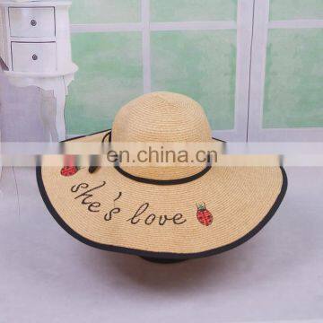 Ladybug Letters Embroidery Straw Hat Large Eaves Sunscreen Beach Hat