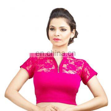 Pink cotton lycra stretchable nonpadded blouse for ladies