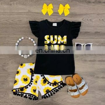 Baby Outfit Girl Summer Kids 2pcs Set  Yellow Letter Flowers print Girls Short Sleeve Tops for 1-6T