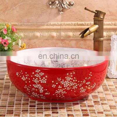 Oriental Hand Painted Ceramic Porcelain Red Wash Basin Bowl For Hotel