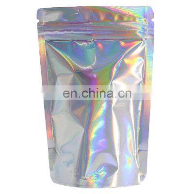 Custom Logo Film Heat Seal  Iridescent  Cosmetic Makeup Packaging Holographic Zip Lock Laser Mylar Bag