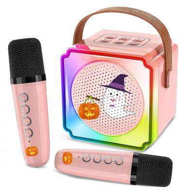 Potable Mini Family Kids Karaoke Spraker Bluetooth Speakers With Handle Two Microphones Micro Hifi System Graduation Gift