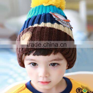 2015 Autumn Winter Newest Four Color Mixed Baseball Cup Applique Pom Pom Style Kids Knitted Wool Hat