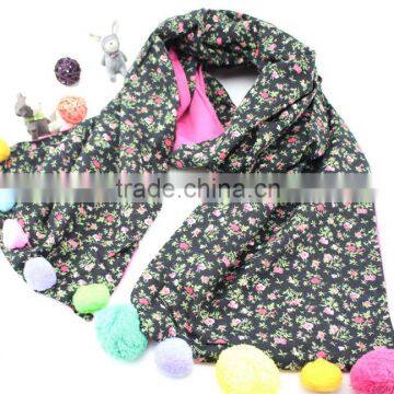 Good Quality Cute Sweet Small Floral Print Colorful Pom Pom Balls Fashion Baby Girls Winter Scarf photo-5