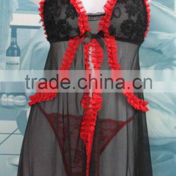 OEM Sexy open transparent black -red sleeping dress,babydoll lingerie