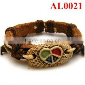 Genuine leather bracelet braid with brown&beige cord and natural ox bone carved heart shapes AL0021