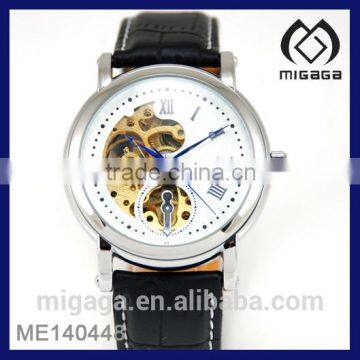 Elegant design gents high end black leather strap watch leather mechanical watch automatic