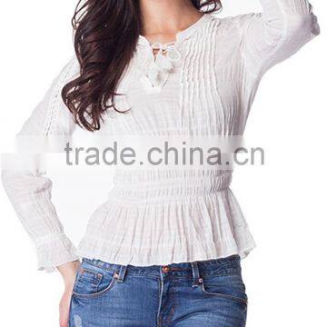 2016 Hot Sale Pleated White Autumn Ladies Blouse Designs photo-2