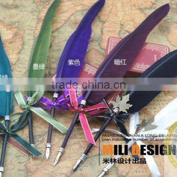 Logo printing promotional goose quill feather pen set