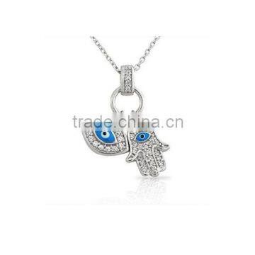 Womens Evil Eye Hamsa Blue White Cz Pendant Necklace 925 Sterling Silver