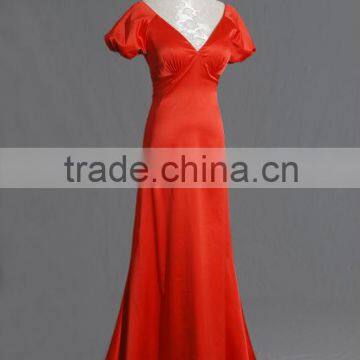 Red Backless Short Sleeve Silk Satin Sheath Evening Dress with Sweep Train EY0028