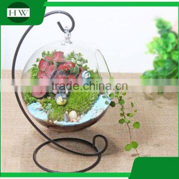 home goods decorative hanging slanted clear round glass decoration bonsai vase with metal stand