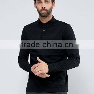 Cheap Custom Embroidery Logo Long Sleeve Button Placket Black Men's 100% Cotton Textured Jersey 200g Casual Slim Fit Polo Shirt