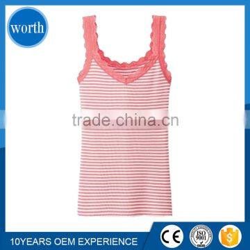 100%cotton Lady Sexy Beautiful Yarn Dyed Sleeveless Long Lace Stripped Vest