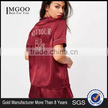 MGOO Hot Sale Custom Buttons Up Pyjamas Sets Short Sleeves Shirt And Bottom Satin Piped Moonnight Wear