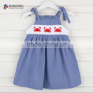 Baby Boutique Cotton blue sleeveless Smocked girl dresses Summer Frock Design for kids clothing