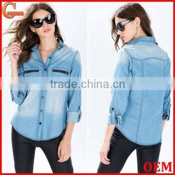 Classic pointed collar faded wash denim shirt wholesale woman shirt with double chest pockets