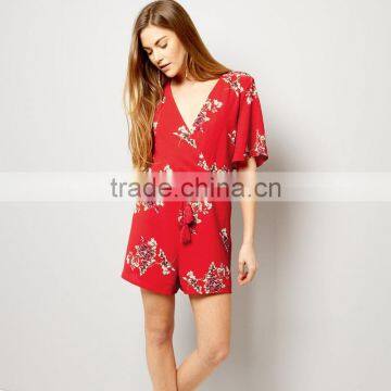 Drawstring Short Sleeve Playsuit for Women Rayon Floral Clothing photo-3