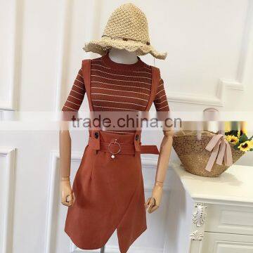 B22670A Autumn Korea women 2 piece knitted shirt and Belt waist suspender skirt sets