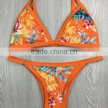 Printed Orange Womens Tight Backless Swimwear Brazilian Bikini