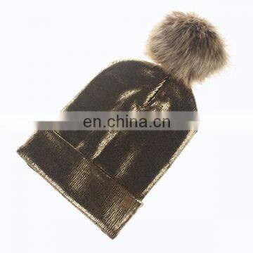 Adult Hair Ball Bronzing Pure Color Knitted Hat Men and Women Fashion Warm Ear Protection Hat photo-3