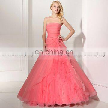 Gorgeous Strapless Sleeveless Lace-Up Organza Ruffles Coral Color Ball Gown Prom Dresses SD364