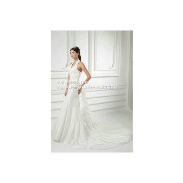 Halter Top Fit and Flare Taffeta Wedding Dresses With Pickups photo-3