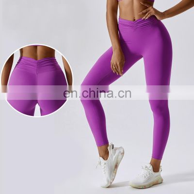 Wrinkle High Waisted Sports Leggings Women Custom Logo Gym Pants Without Front Line