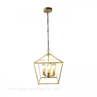 Industrial Vintage 3 Light Chandelier Gold Metal Cage Farmhouse Ceiling Lighting Hanging Fixtures for Dining Room Kitchen Foyer