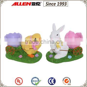 3.9" little resin pulling flower barrow chicken and rabbit statue Easter decoration