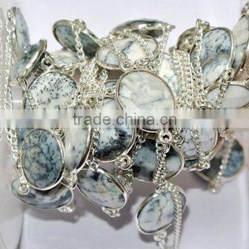 3 Feet Faceted Dendrite Opal Bezel Set Chain - Silver Plated Gemstone Connector Chain - 13 - 16mm Bezel Stone Chain