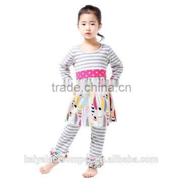 2016 baby girl cotton clothes 2pc set children's boutique clothing gray-white stripe baby girl back to school clothing
