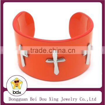Religious Mens Jewelry Wholesale Stainless Steel Orange Genuine Cowhide Leather Braided Wrap Cuff Bangle With Christ Jesus Cross