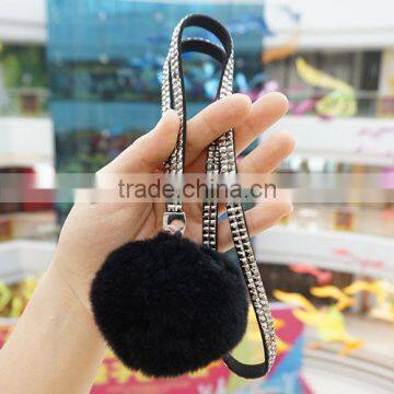 Real Rabbit Fur Ball Rhinestone Lanyard For Bag Pendant