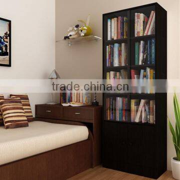 Wooden bookcase with sliding glass doors