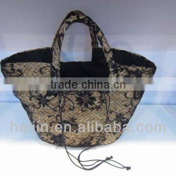 natural seagrass handmade black lace fashion bag