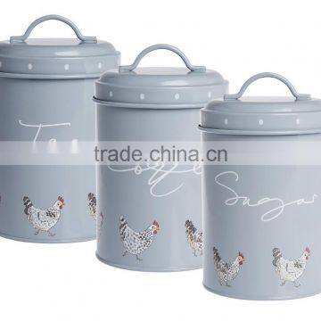 Powder-Coated Retro Metal Tea Coffee Sugar Can Candy Bean Nuts Set of 3 Storage Canister photo-4
