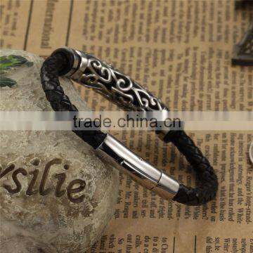 Fashion Mens Jewelry Customrized Logo Stainless Steel Beads Leather Bracelet photo-3