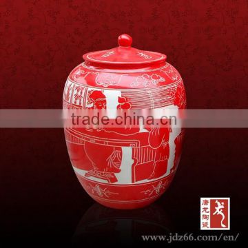 Red glazed high quality handpainted ceramic pickle jar chinese made for home decoration