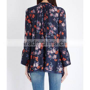 Wholesale Women Band Collar Long Sleeves Slit Cuffs Semi Sheer Floral Print Georgette Blouse(DQE0159T) photo-3