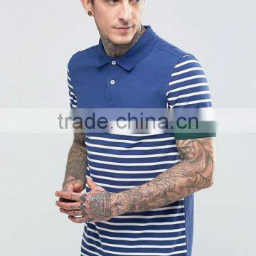 Custom Short Sleeve Button Placket Side Slits Ribbed Cuffs Blue Stripe Design Men's 100% Cotton Pique Casual Polo Shirt