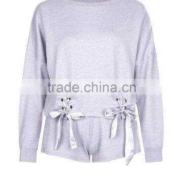 Lilac Lace Up Lounge Sweatshirt Drop Shoulder Side Eyelet With Short Pants Cuffed Hem Soft Jesery Sweater photo-4