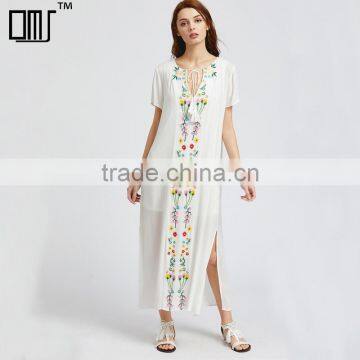 White short sleeve maxi Dress, women emboriedered fashion mesh dress