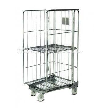 500kg Nestable Galvanized Foldable Steel Roll Cage Warehouse Trolley