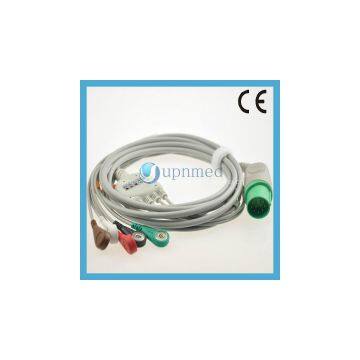 Nihon Kohden Tec-5200A ECG cable with 5 lead wires, Snap,AHA