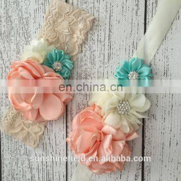 Nude Mint Sash Matching Baby Headband Vintage Inspired Flower Sash