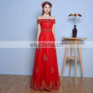 Free Shipping Elegant Red Off-The-Shoulder A Line Floor Length Tulle Appliqued Evening Dress