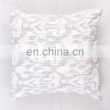 Hand-stitched Kantha Pillow indoor & outdoor-Indian White kantha cushion covers-Kantha Pillow Covers Textile Art