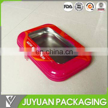 Fancy and high quality tin box with pvc window and zipper opening way/slide fastener